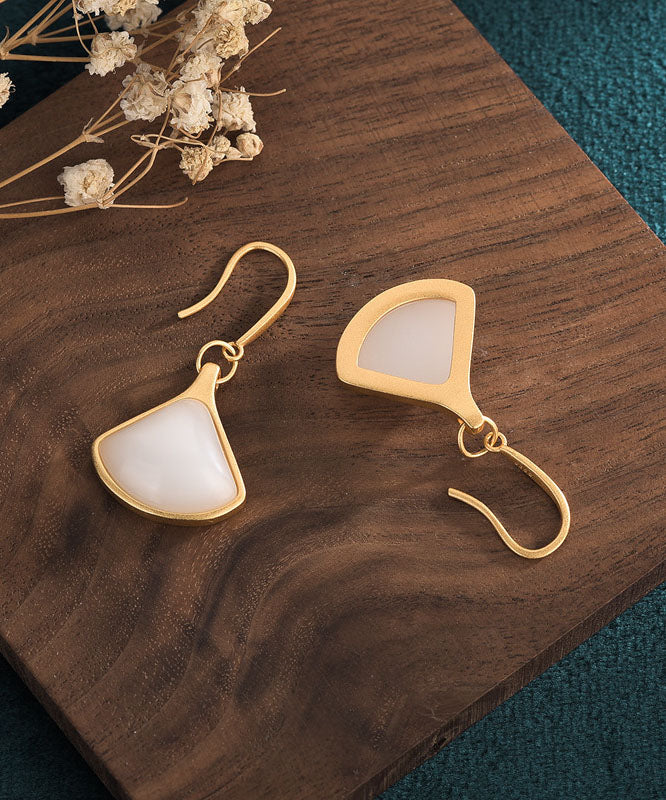 Stylish White Ancient Gold Jade Fan Shaped Drop Earrings