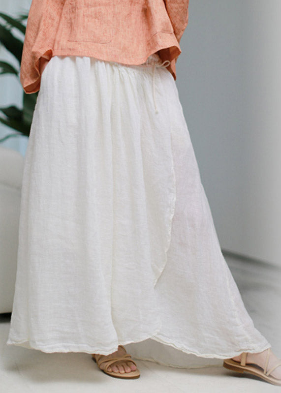 Stylish White Asymmetrical Pockets wrinkled Tie Waist Linen Skirt Summer
