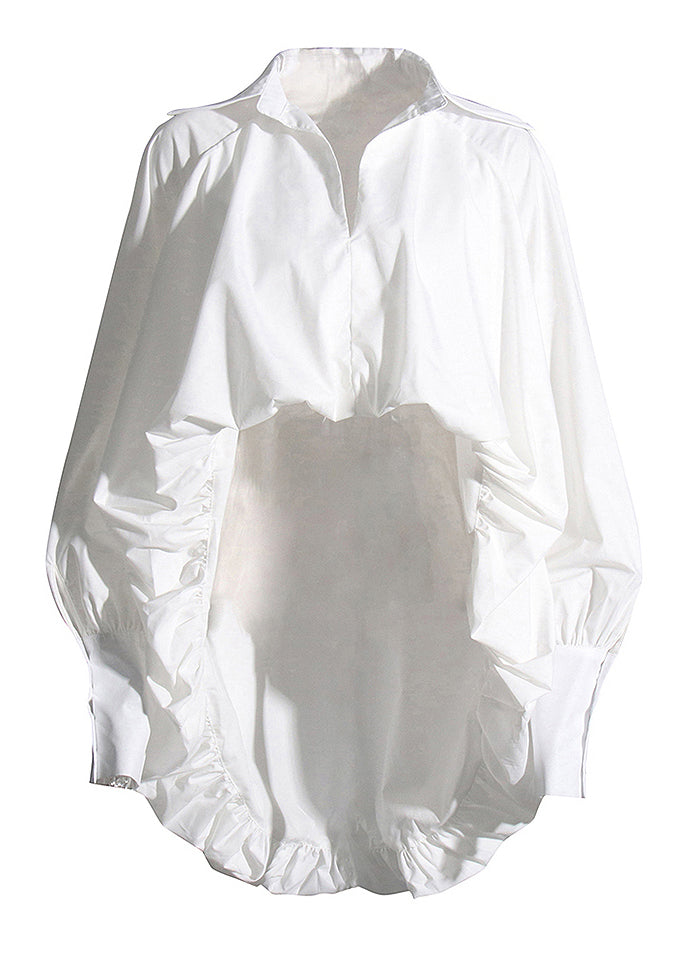 Stylish White Asymmetrical Wrinkled Cotton Shirts Lantern Sleeve