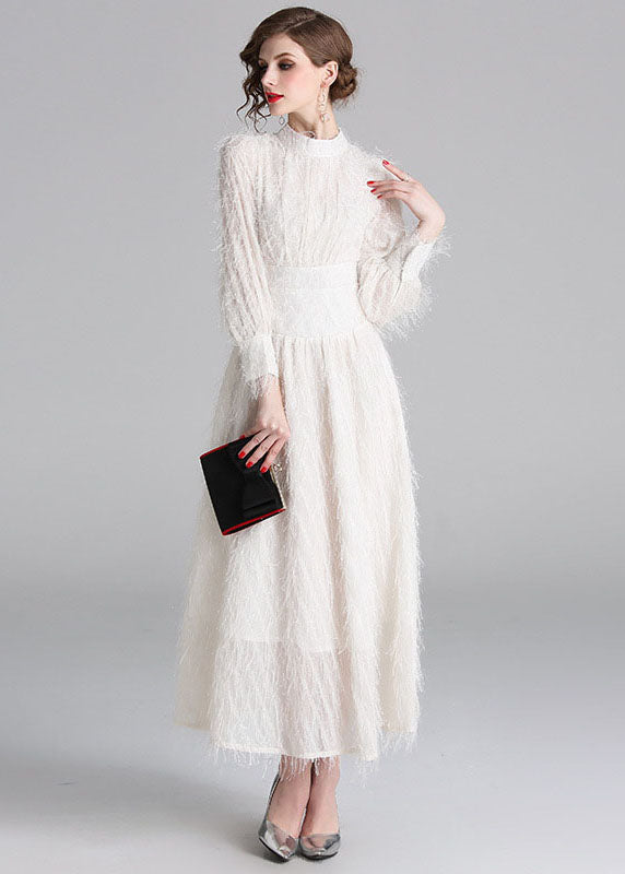 Stylish White Fluffy Tassel Patchwork Cotton Long Dresses Lantern Sleeve