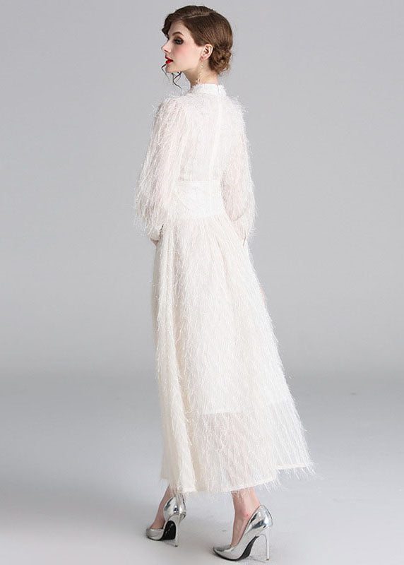 Stylish White Fluffy Tassel Patchwork Cotton Long Dresses Lantern Sleeve