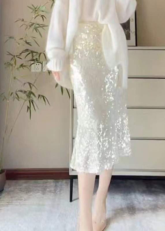 Stylish White High Waist Sequins Hip Skirts Summer