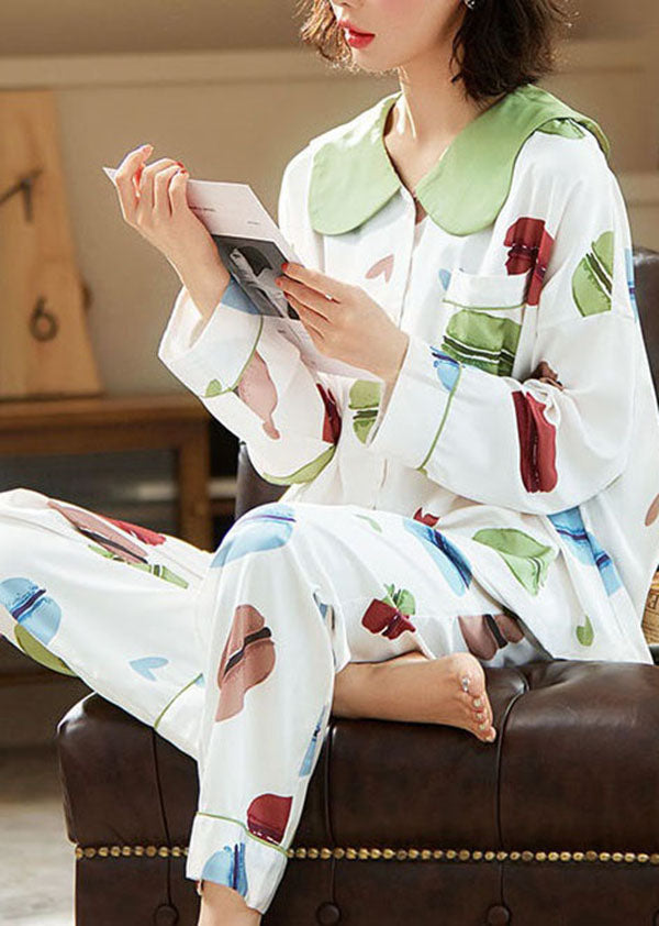 Stylish White Peter Pan Collar Print Ice Silk Pajamas Two Pieces Set Summer