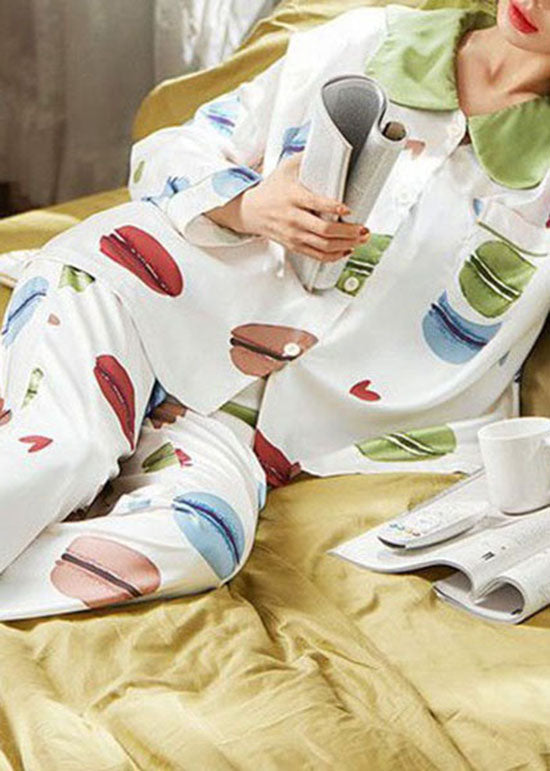 Stylish White Peter Pan Collar Print Ice Silk Pajamas Two Pieces Set Summer