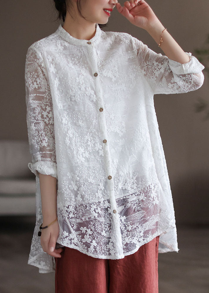 Stylish White Stand Collar Embroideried Patchwork Lace Shirt Tops Long Sleeve