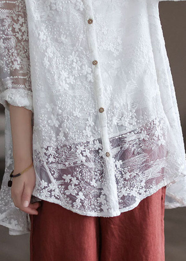Stylish White Stand Collar Embroideried Patchwork Lace Shirt Tops Long Sleeve