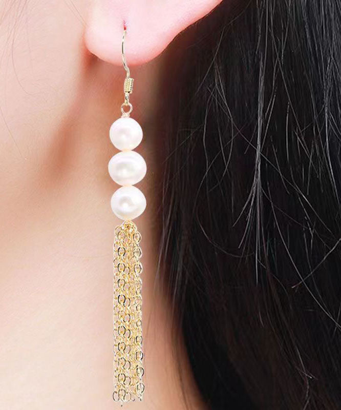 Stylish White Sterling Silver Overgild Pearl Tassel Drop Earrings