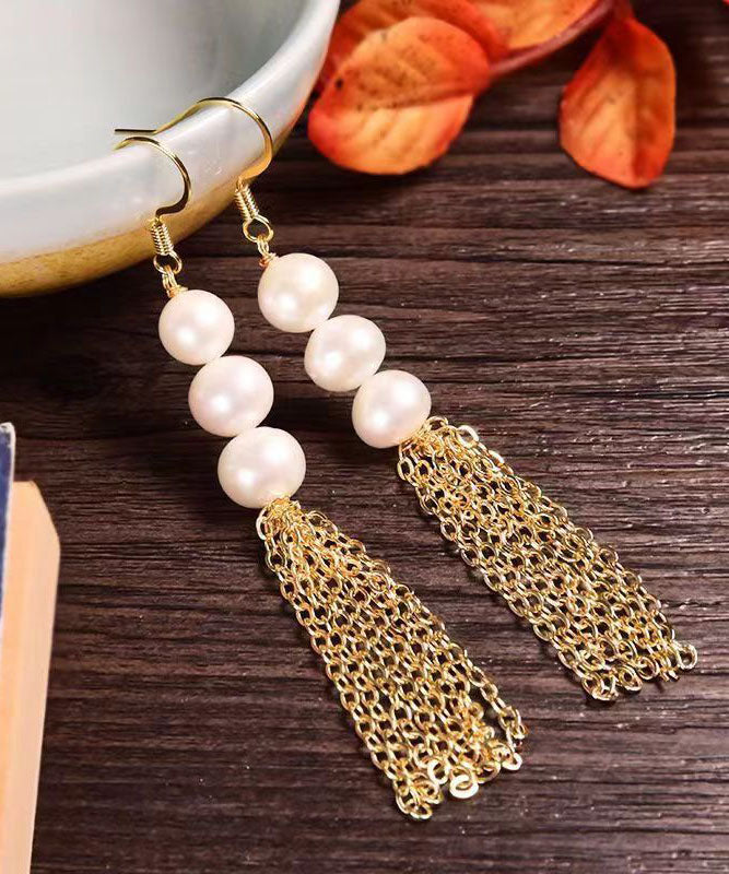 Stylish White Sterling Silver Overgild Pearl Tassel Drop Earrings