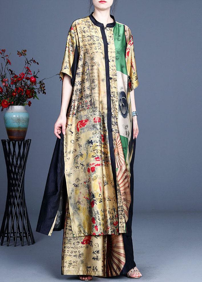 Stylish Yellow Asymmetrical Design retro Print Summer long shirts Two Pieces Set - Omychic