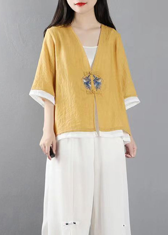 Stylish Yellow Embroideried Patchwork Cotton Tops Coats Summer