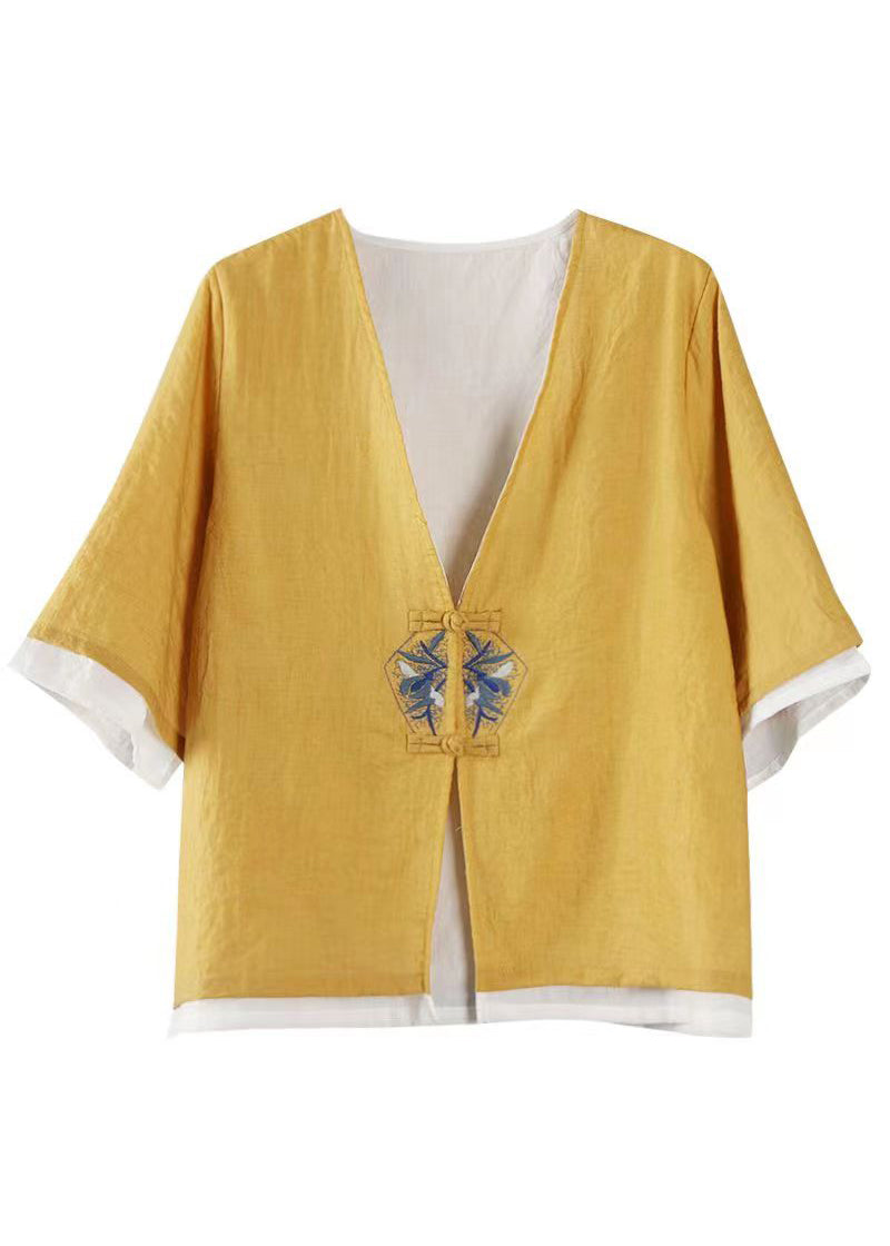Stylish Yellow Embroideried Patchwork Cotton Tops Coats Summer