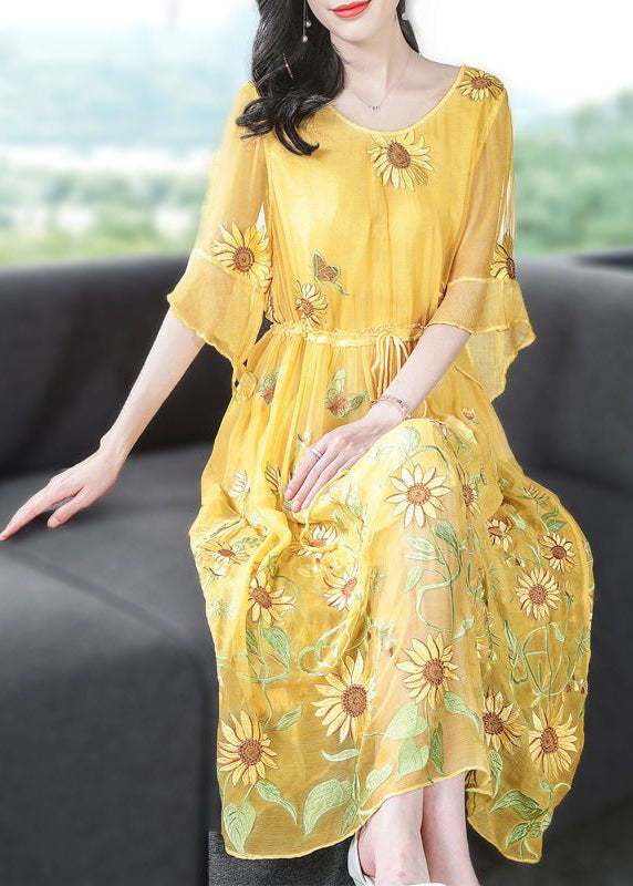 Stylish Yellow Embroideried Silk Cinched Dress Flare Sleeve