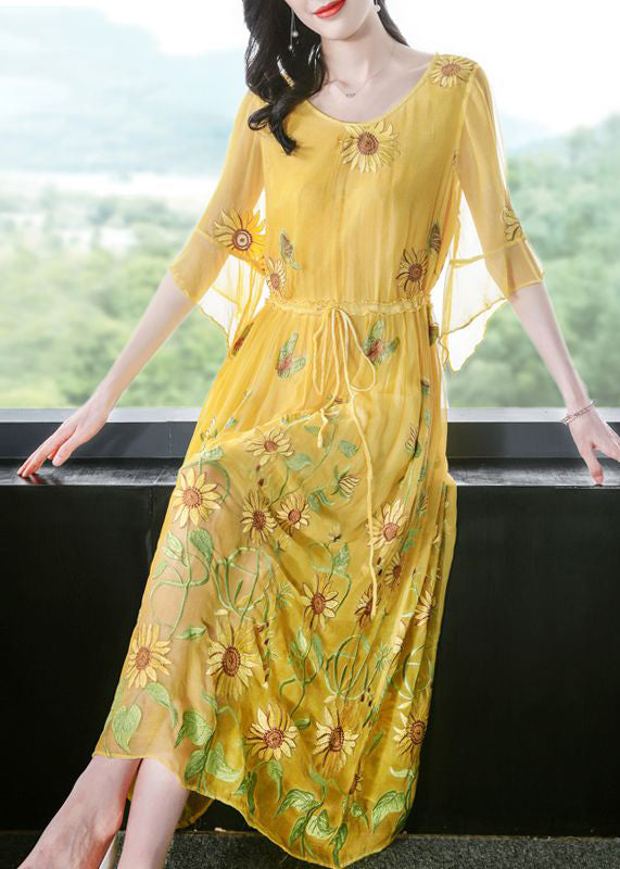 Stylish Yellow Embroideried Silk Cinched Dress Flare Sleeve