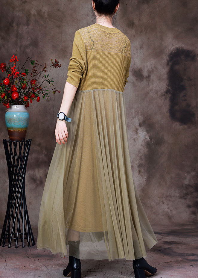 Stylish Yellow O-Neck Tulle Patchwork Knit Dress Long Sleeve