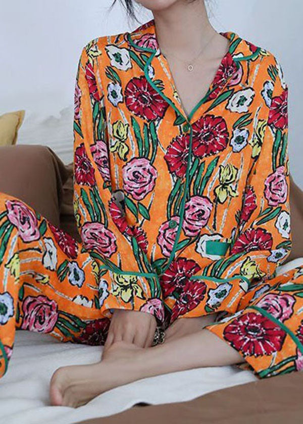 Stylish Yellow Patchwork Print Ice Silk Pajamas Two Pieces Set Spring