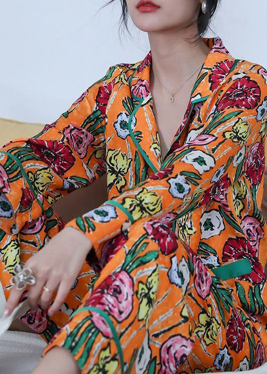Stylish Yellow Patchwork Print Ice Silk Pajamas Two Pieces Set Spring