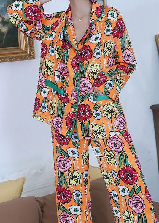 Stylish Yellow Patchwork Print Ice Silk Pajamas Two Pieces Set Spring