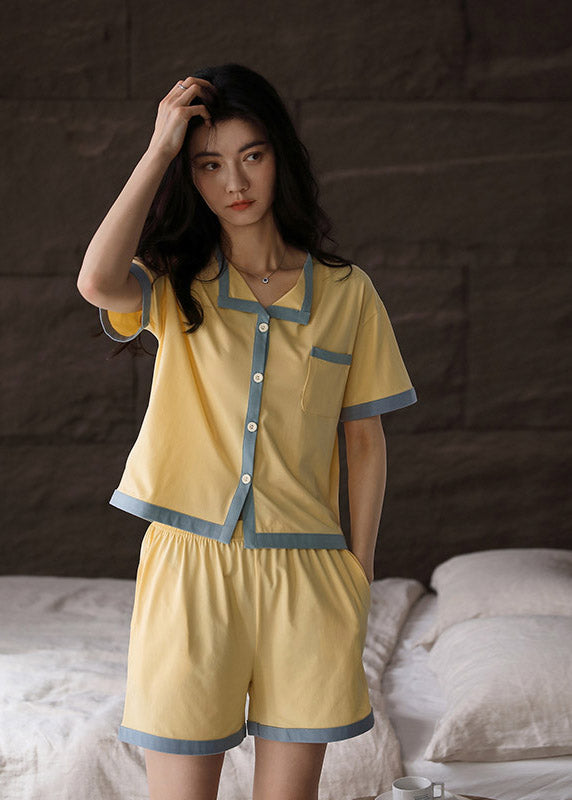 Stylish Yellow Peter Pan Collar Patchwork Button Cotton Pajamas Two Pieces Set Summer
