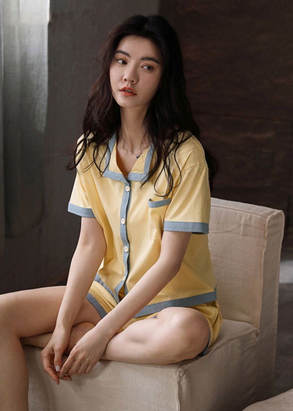 Stylish Yellow Peter Pan Collar Patchwork Button Cotton Pajamas Two Pieces Set Summer