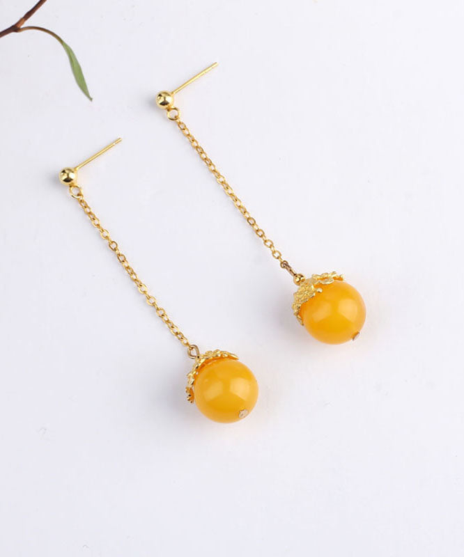 Stylish Yellow Sterling Silver Overgild Amber Beeswax Ball Drop Earrings