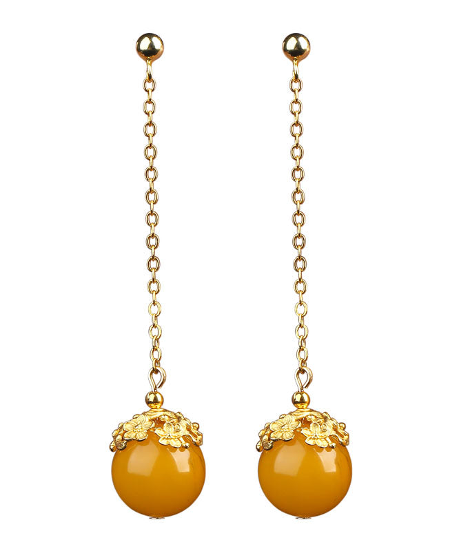 Stylish Yellow Sterling Silver Overgild Amber Beeswax Ball Drop Earrings