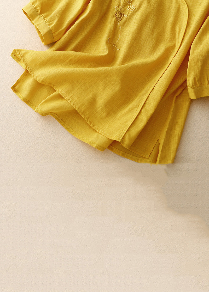 Stylish Yellow V Neck Embroideried  Linen Blouses Bracelet Sleeve