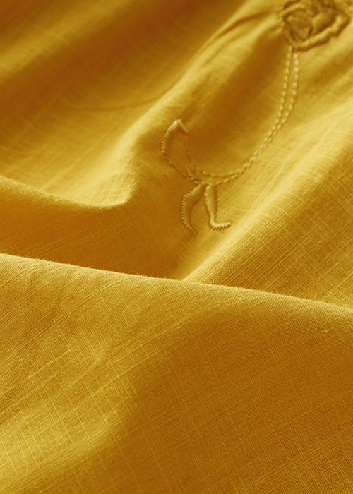 Stylish Yellow V Neck Embroideried  Linen Blouses Bracelet Sleeve