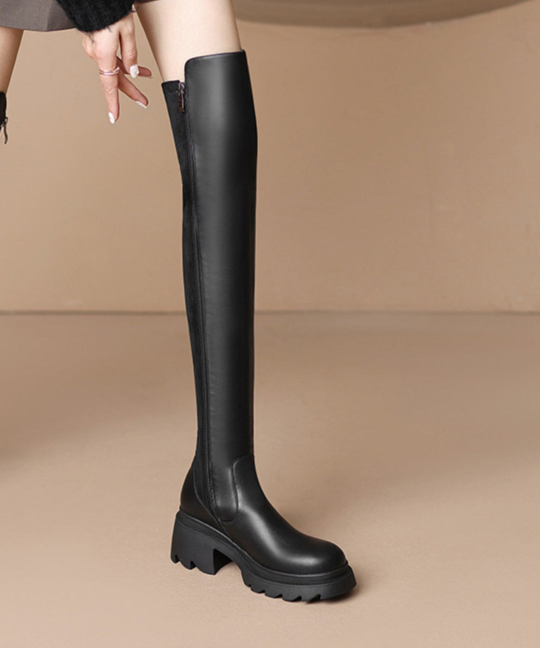 Stylish Zippered Splicing Black Chunky Knee Boots