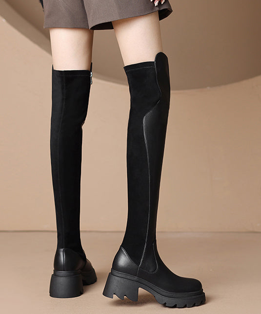 Stylish Zippered Splicing Black Chunky Knee Boots