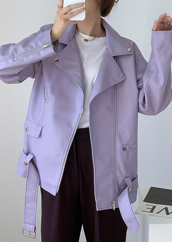 Stylish light Purple Zippered Pockets Patchwork Faux Leather Coats Fall