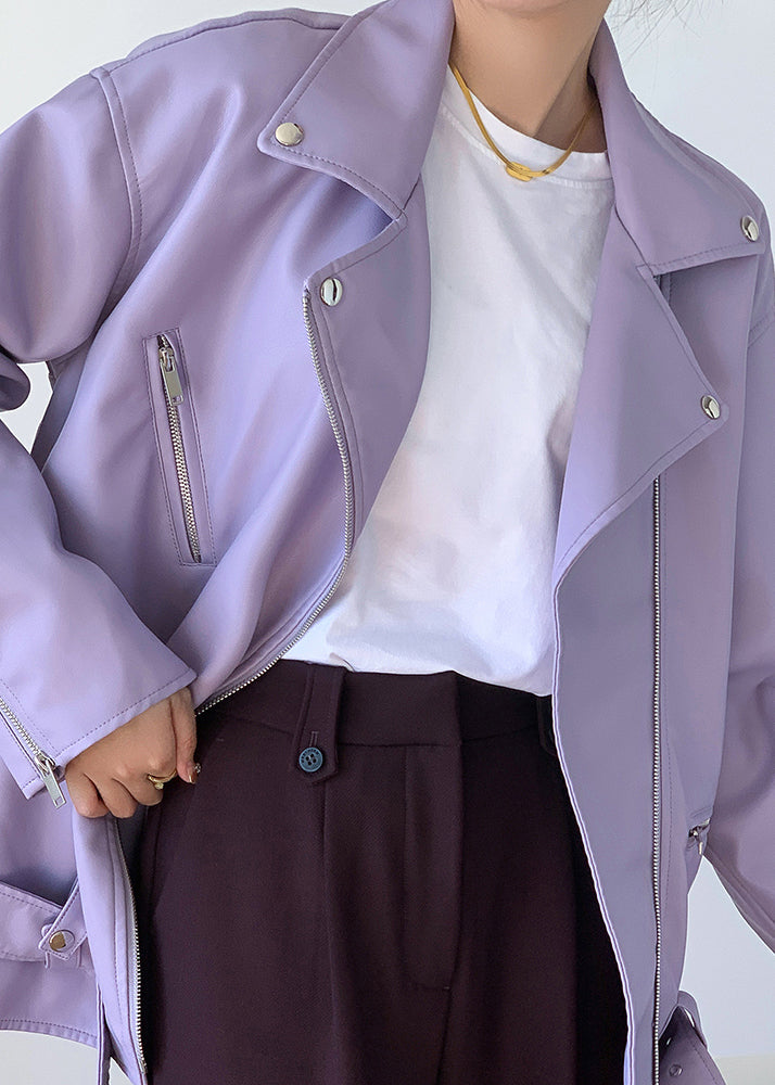Stylish light Purple Zippered Pockets Patchwork Faux Leather Coats Fall