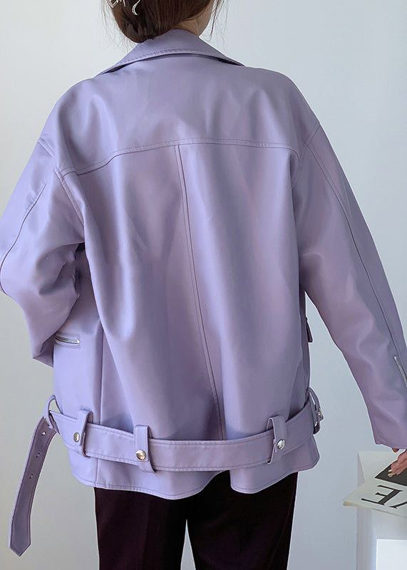 Stylish light Purple Zippered Pockets Patchwork Faux Leather Coats Fall