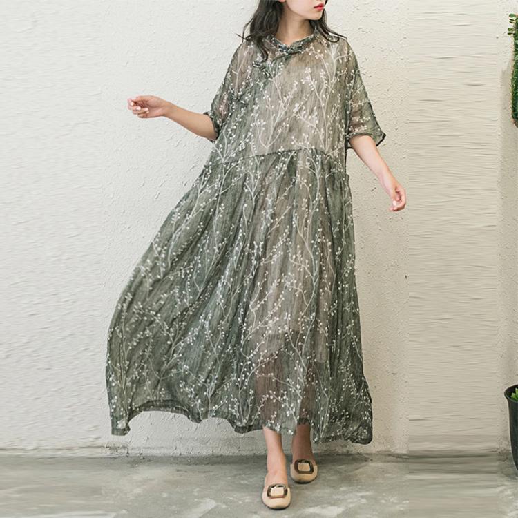 Stylish Print Chiffon Dresses Plus Size Casual Sundress Button Half Sleeve Maxi Dress ( Limited Stock) - Omychic