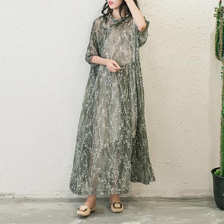 Stylish Print Chiffon Dresses Plus Size Casual Sundress Button Half Sleeve Maxi Dress ( Limited Stock) - Omychic