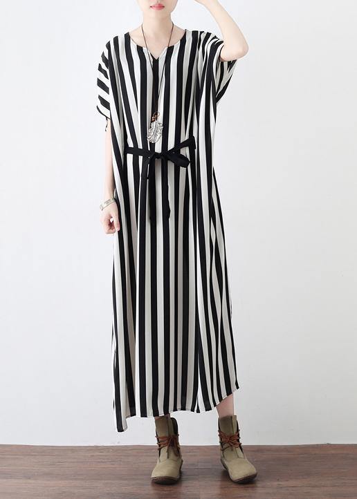 Summer Big Bat Sleeve Black And White Stripe Chiffon Dress - Omychic