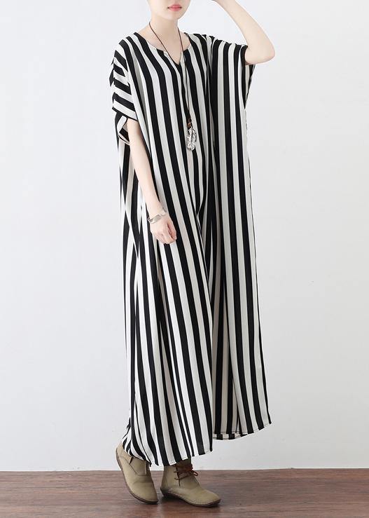 Summer Big Bat Sleeve Black And White Stripe Chiffon Dress - Omychic