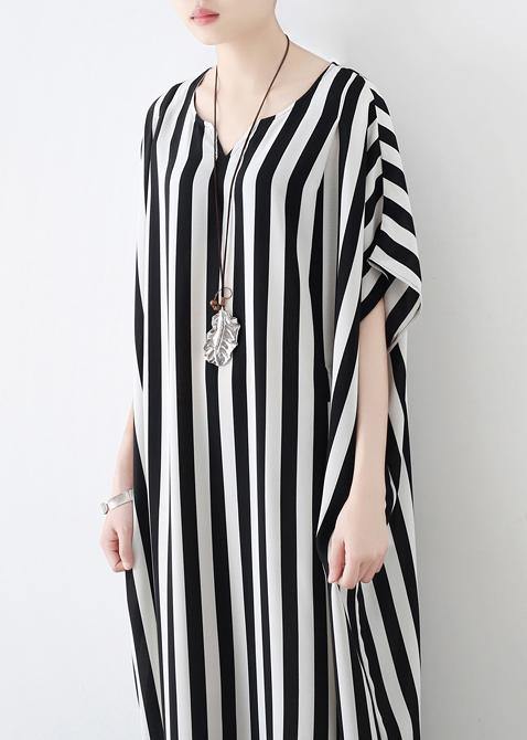 Summer Big Bat Sleeve Black And White Stripe Chiffon Dress - Omychic