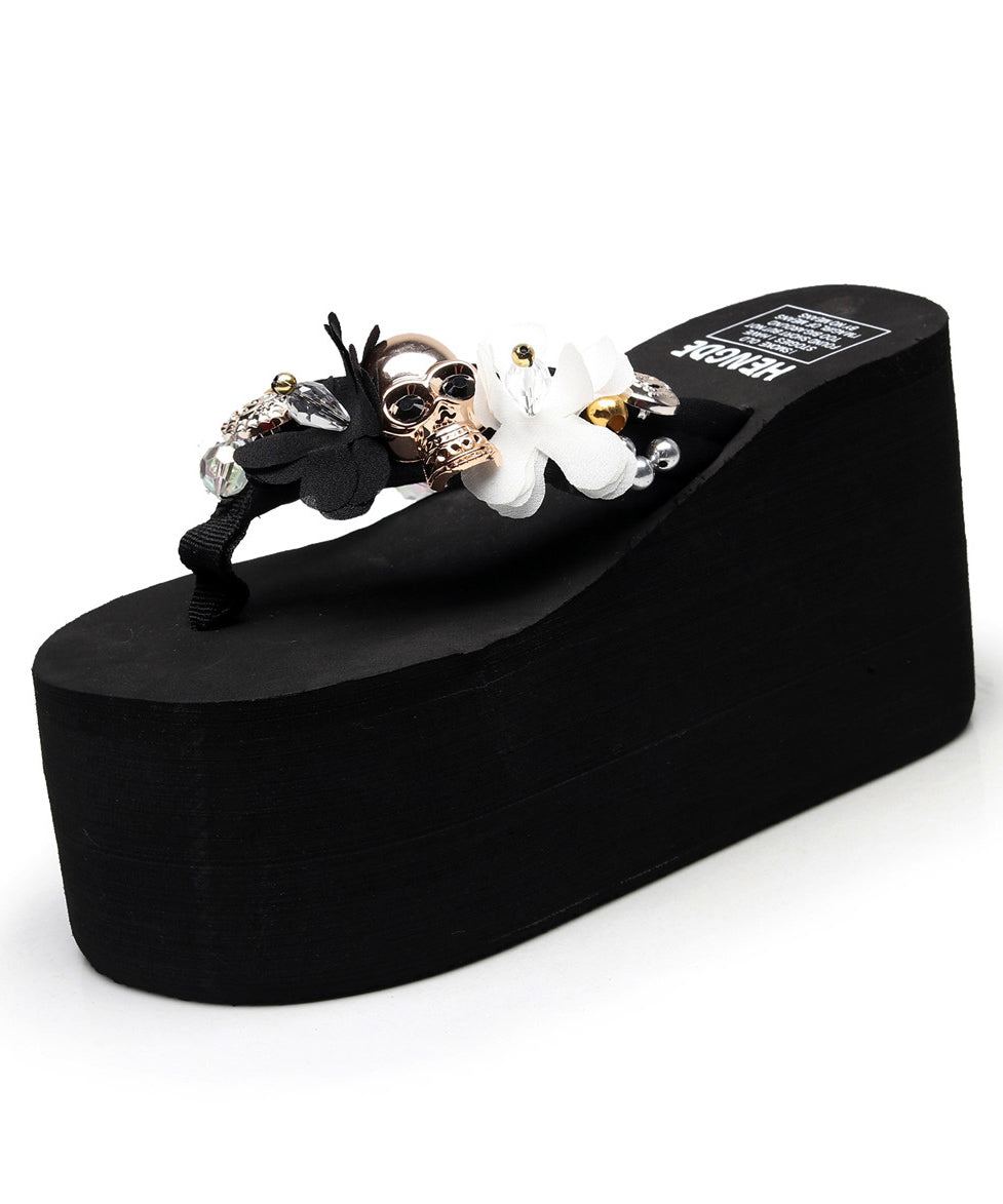 Summer Black Breathable Mesh Flower Platform Thong Sandals