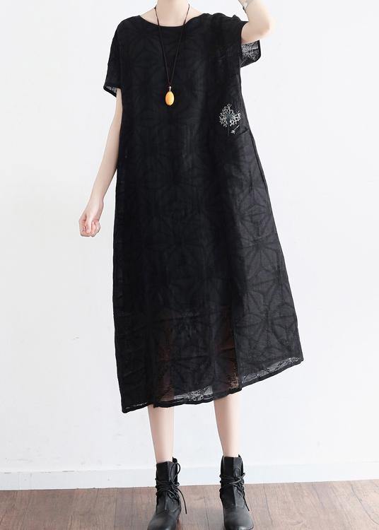 Summer Black Cotton Hemp Embroidered Oversized Dress - Omychic