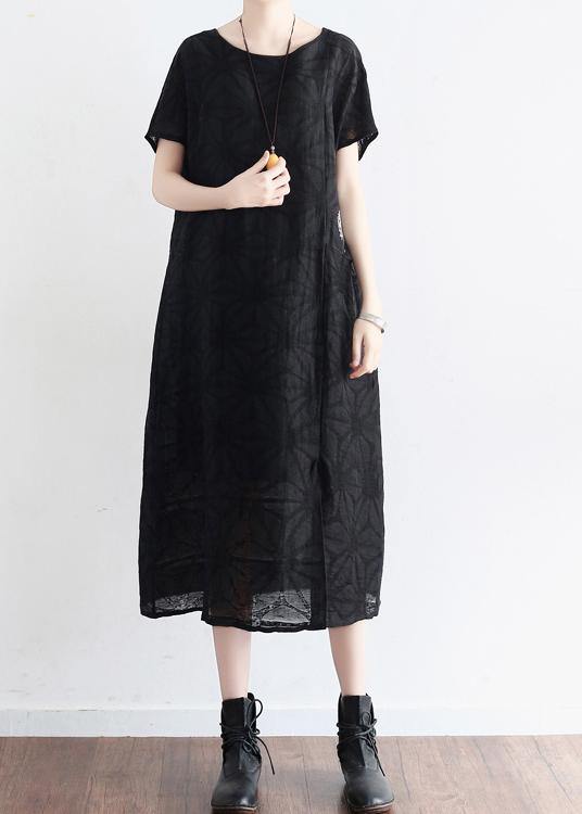 Summer Black Cotton Hemp Embroidered Oversized Dress - Omychic