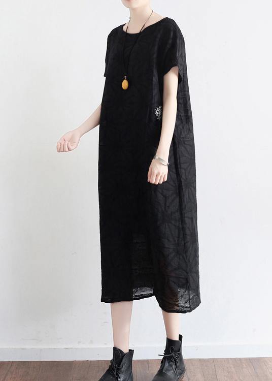 Summer Black Cotton Hemp Embroidered Oversized Dress - Omychic