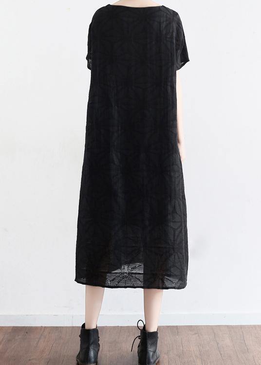 Summer Black Cotton Hemp Embroidered Oversized Dress - Omychic