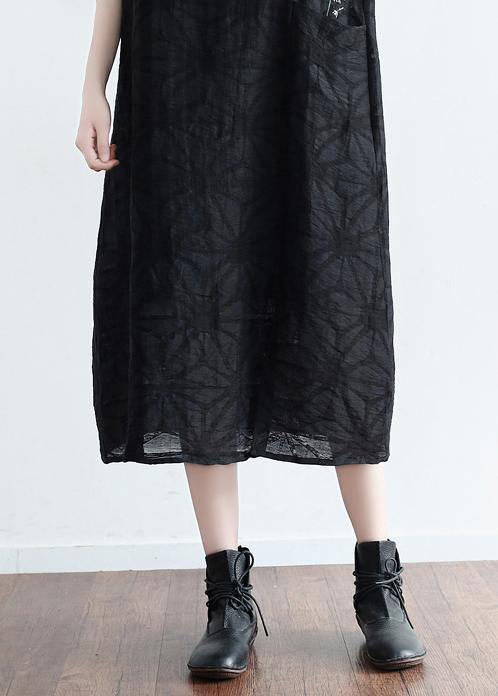 Summer Black Cotton Hemp Embroidered Oversized Dress - Omychic