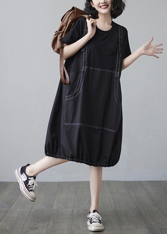 Summer Black Large Medium Length Skirt Fake Two Short Sleeve Dress - Omychic
