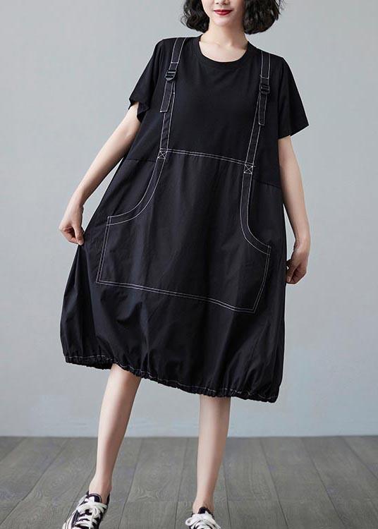 Summer Black Large Medium Length Skirt Fake Two Short Sleeve Dress - Omychic