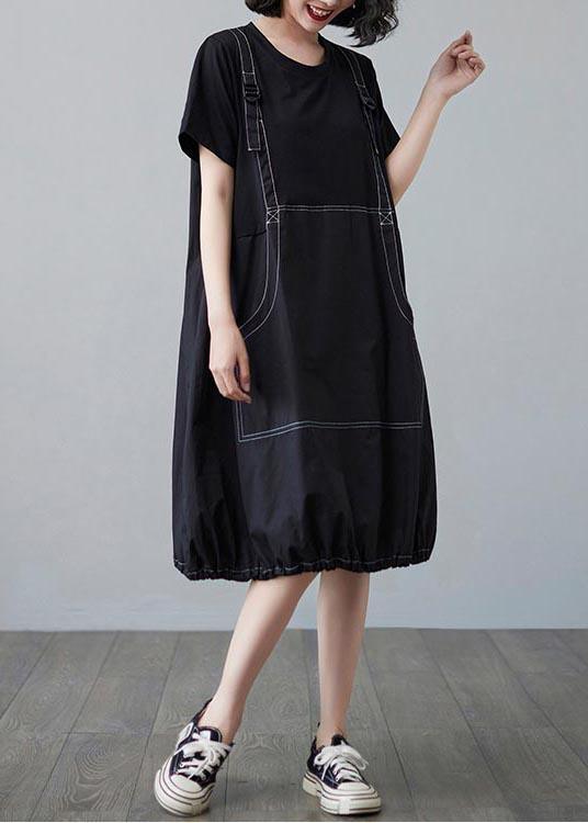 Summer Black Large Medium Length Skirt Fake Two Short Sleeve Dress - Omychic