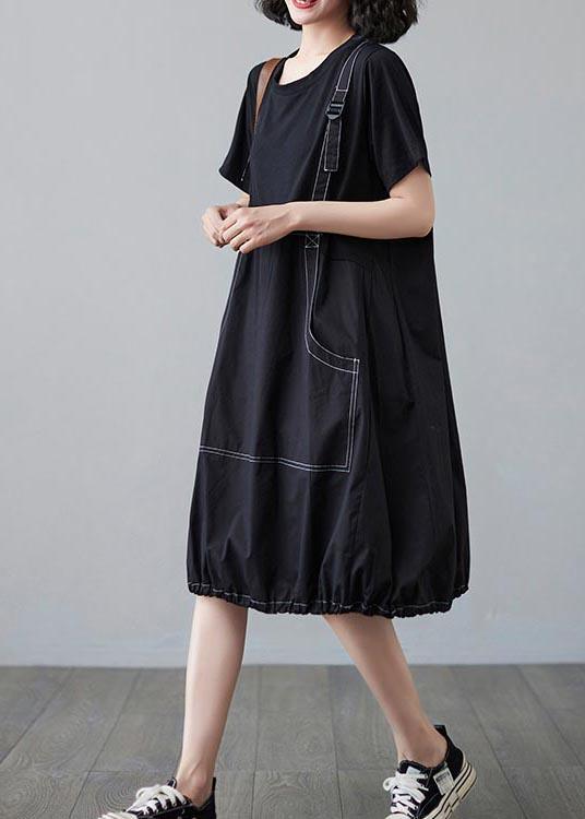 Summer Black Large Medium Length Skirt Fake Two Short Sleeve Dress - Omychic