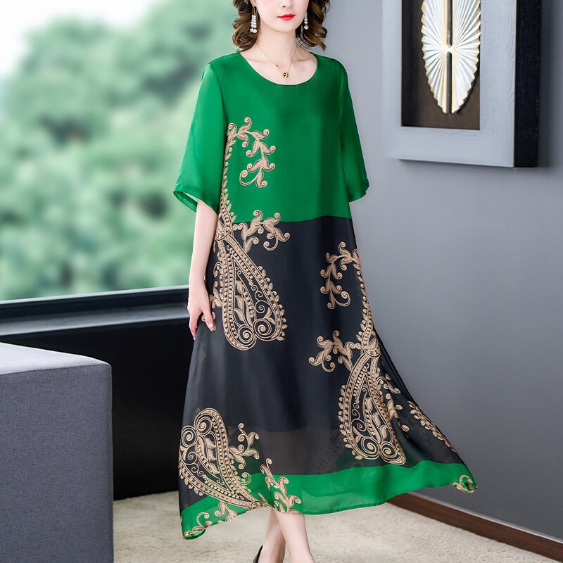 Summer Elegant Floral High Quality Loose Silk Dress