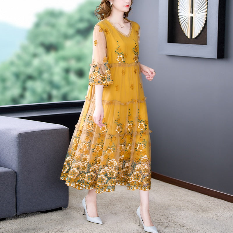 Elegant Embroidery Floral Natural Silk Dress