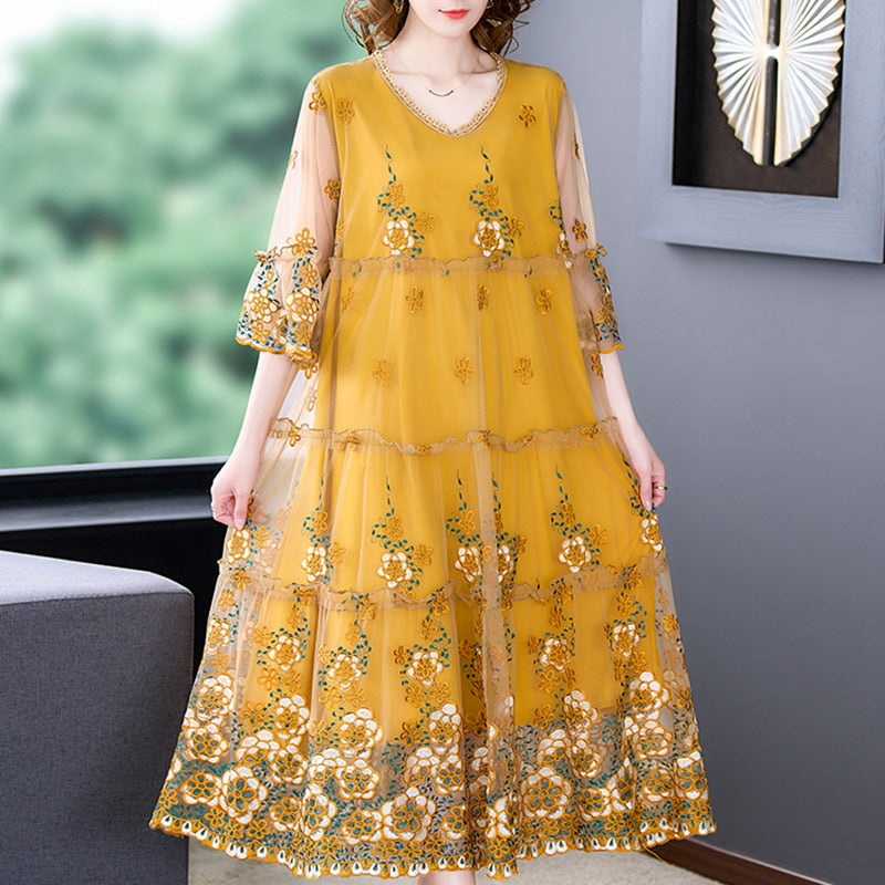 Elegant Embroidery Floral Natural Silk Dress